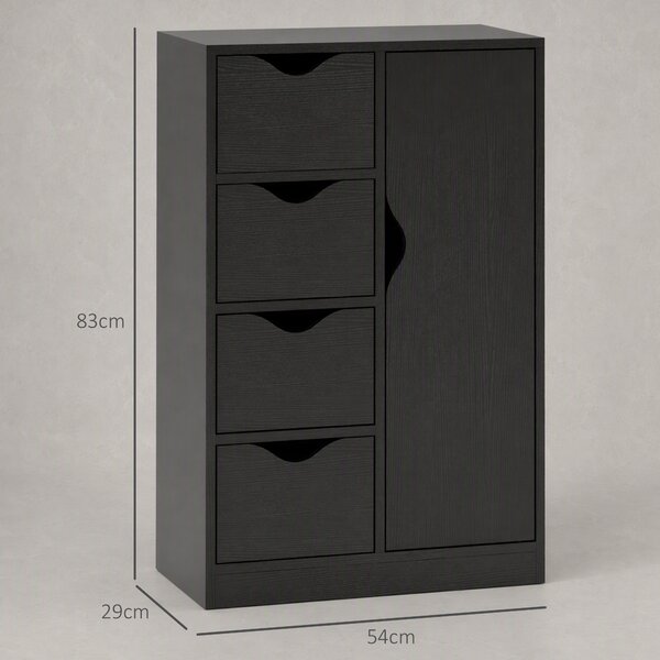 HOMCOM Mobile Bagno con 4 Cassetti, Armadietto a 2 Livelli e Maniglie Ritagliate, in Legno, 54x29x83 cm, Nero | Aosom Italy