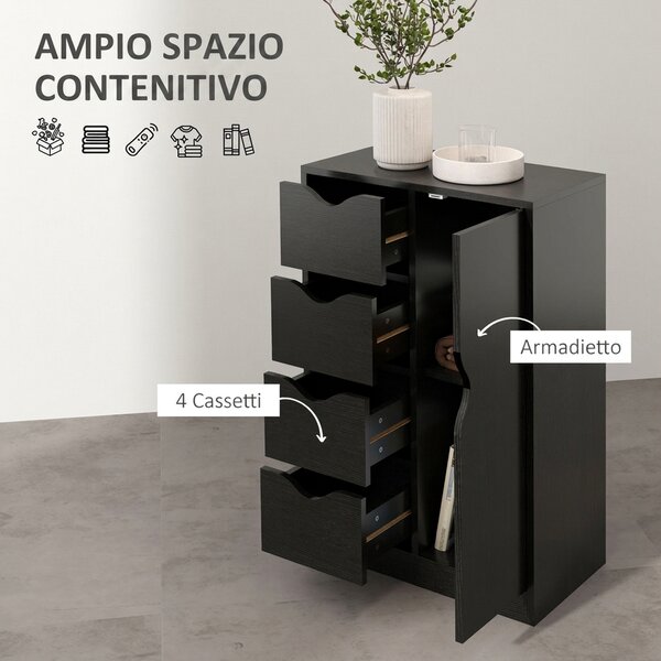 HOMCOM Mobile Bagno con 4 Cassetti, Armadietto a 2 Livelli e Maniglie Ritagliate, in Legno, 54x29x83 cm, Nero | Aosom Italy