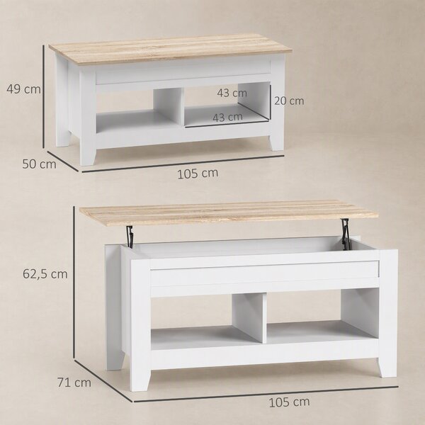 HOMCOM Tavolino da Caffè Industriale con Vano Portaoggetti, Piano Sollevabile, Tavolo Salotto per Soggiorno Casa Ufficio, 105x50x49cm, Bianco, Naturale | Aosom Italy