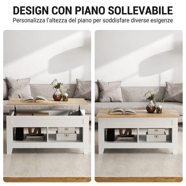HOMCOM Tavolino da Caffè Industriale con Vano Portaoggetti, Piano Sollevabile, Tavolo Salotto per Soggiorno Casa Ufficio, 105x50x49cm, Bianco, Naturale | Aosom Italy