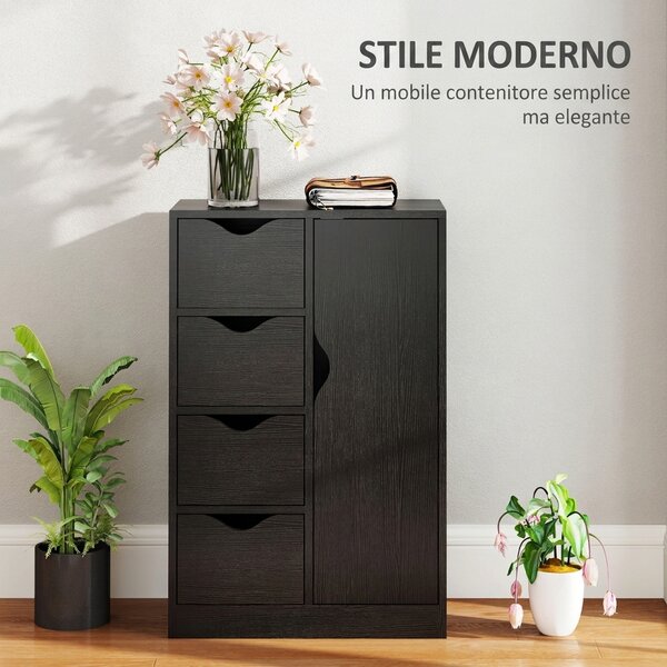 HOMCOM Mobile Bagno con 4 Cassetti, Armadietto a 2 Livelli e Maniglie Ritagliate, in Legno, 54x29x83 cm, Nero | Aosom Italy