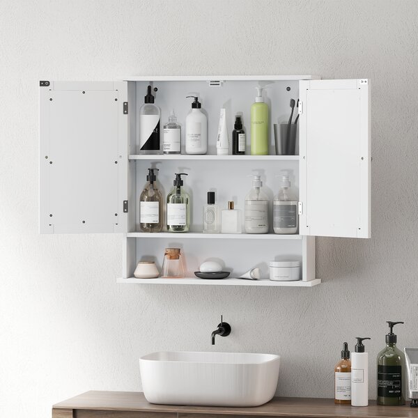 Kleankin Armadietto Bagno da Parete con 2 Ante a Specchio e Ripiano Aperto, 56x13x58 cm, Bianco | Aosom Italy