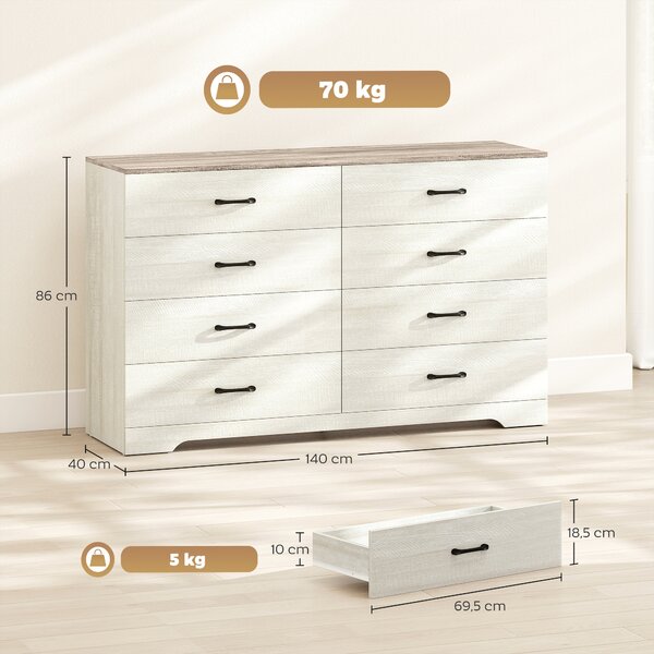 HOMCOM Cassettiera 8 Cassetti Moderna in Legno, 140x40x86 cm, Noce e Grigio Chiaro | Aosom Italy