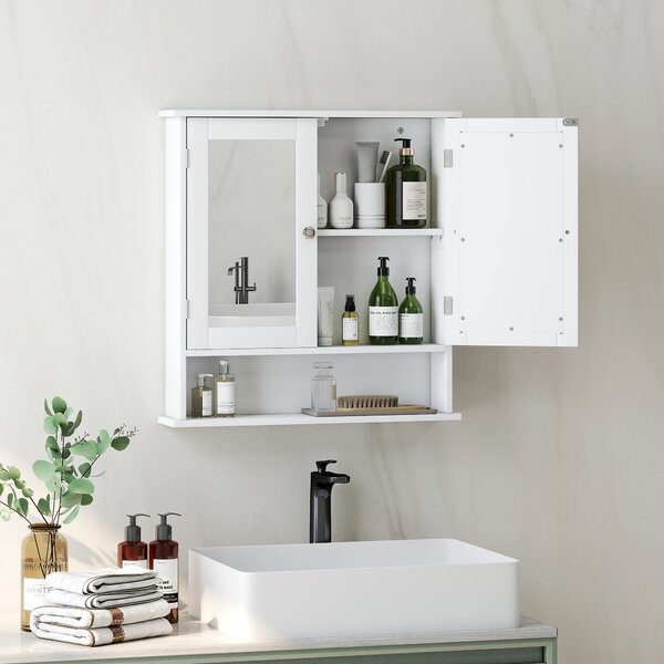 Kleankin Armadietto Bagno da Parete con 2 Ante a Specchio e Ripiano Aperto, 56x13x58 cm, Bianco | Aosom Italy