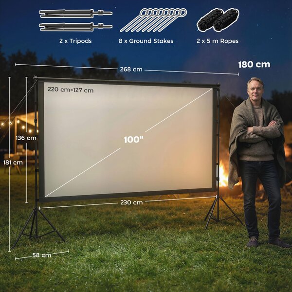 HOMCOM Telo per Proiettore 100" 16:9 HD 4K/8K, Angolo di Visione 160°, Doppia Facciata e Treppiedi Pieghevoli, Bianco | Aosom Italy