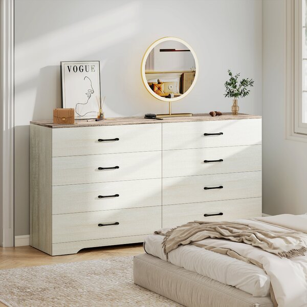 HOMCOM Cassettiera 8 Cassetti Moderna in Legno, 140x40x86 cm, Noce e Grigio Chiaro | Aosom Italy