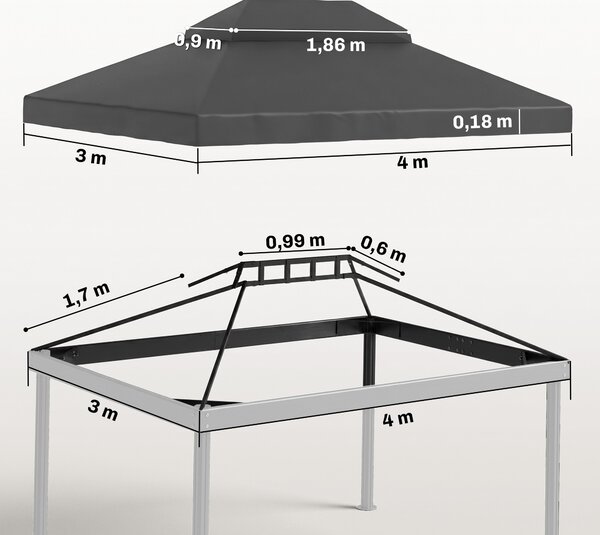 Outsunny Copertura per Gazebo da Giardino 3x4 m a 2 Livelli in Tessuto Oxford 600D con Fori di Drenaggio, Grigio Scuro | Aosom Italy