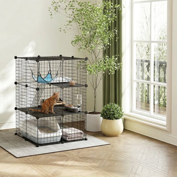 PawHut Gabbia per Gatti Recinto Personalizzabile 3 Livelli, 105cm, Nero | Aosom Italy