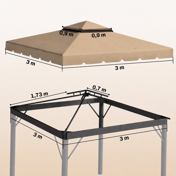 Outsunny Tetto per Gazebo 3x3 m a 2 Livelli con 8 Fori di Drenaggio in Poliestere Cachi | Aosom Italy