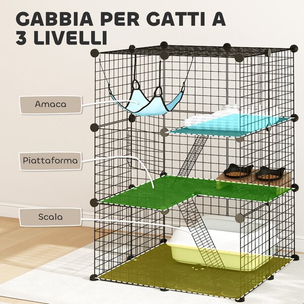 PawHut Gabbia per Gatti Recinto Personalizzabile 3 Livelli, 105cm, Nero | Aosom Italy