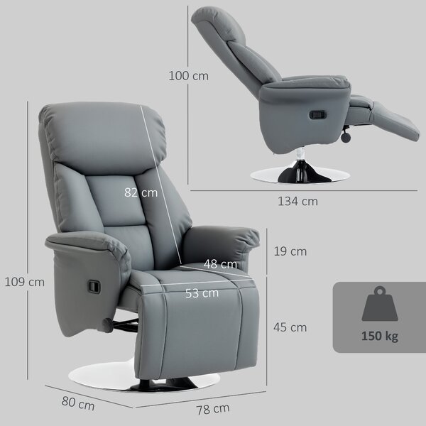 HOMCOM Poltrona Relax Girevole Reclinabile 130° con Poggiapiedi, Braccioli Svasati, in Finta Pelle, Grigio | Aosom Italy