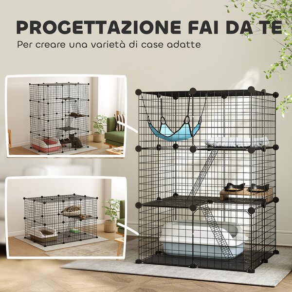 PawHut Gabbia per Gatti Recinto Personalizzabile 3 Livelli, 105cm, Nero | Aosom Italy