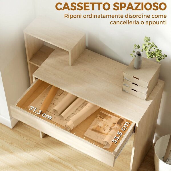 HOMCOM Scrivania PC Moderna con 3 Ripiani Aperti e Cassetto, in Legno, Color Legno, 100x40x90 cm | Aosom Italy