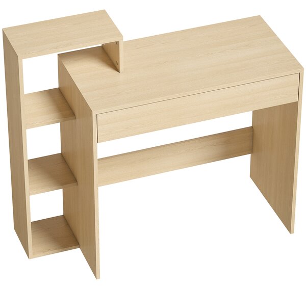 HOMCOM Scrivania PC Moderna con 3 Ripiani Aperti e Cassetto, in Legno, Color Legno, 100x40x90 cm | Aosom Italy