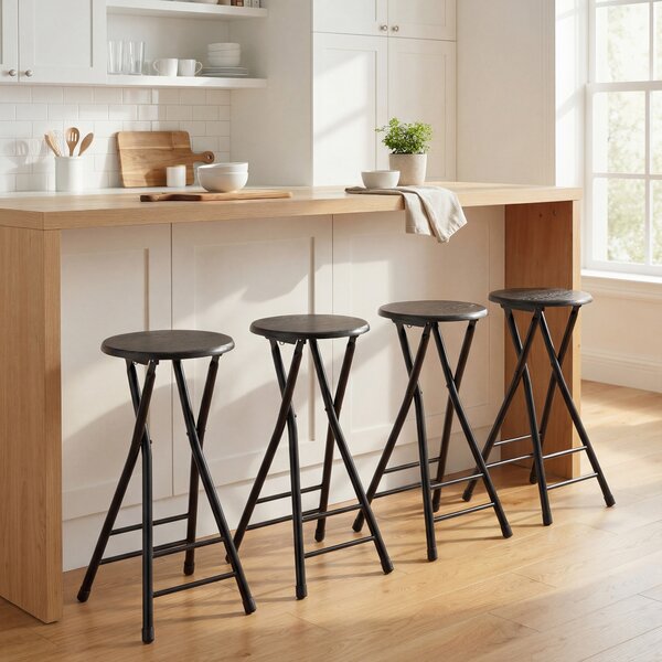 HOMCOM Set 4 Sgabelli Bar Pieghevoli con Doppio Poggiapiedi, in Legno e Acciaio, 34x30x70 cm, Nero | Aosom Italy