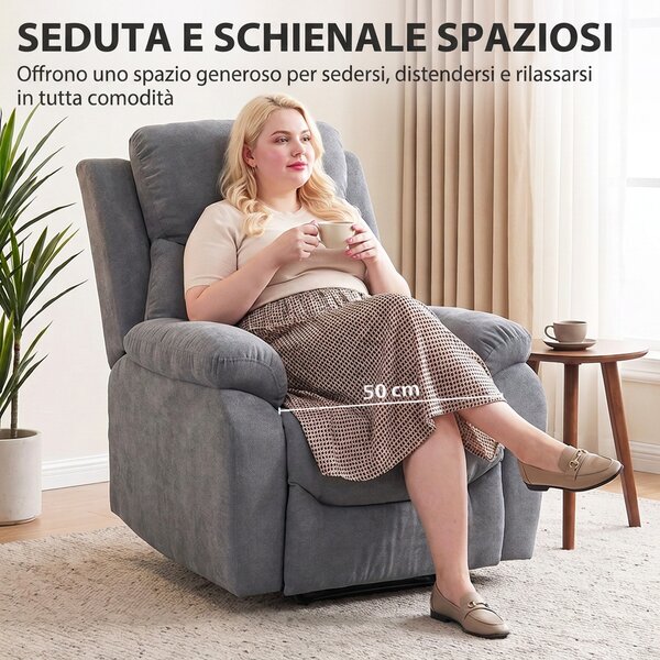 HOMCOM Poltrona Reclinabile Manuale in Tessuto con Poggiapiedi e Braccioli Imbottiti, Grigio | Aosom Italy