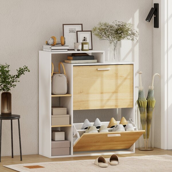 HOMCOM Mobile Portascarpe con 2 cassetti ribaltabili e ripiani, Bianco e Legno Naturale | Aosom Italy