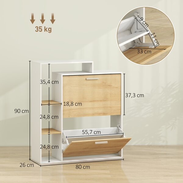 HOMCOM Mobile Portascarpe con 2 cassetti ribaltabili e ripiani, Bianco e Legno Naturale | Aosom Italy