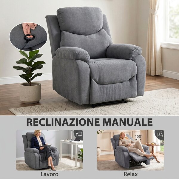 HOMCOM Poltrona Reclinabile Manuale in Tessuto con Poggiapiedi e Braccioli Imbottiti, Grigio | Aosom Italy
