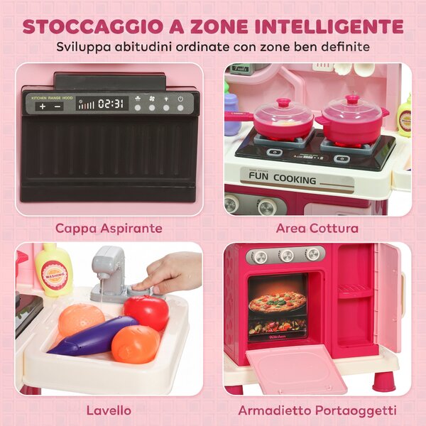 AIYAPLAY Cucina Giocattolo per Bambini con Luci, Suoni, Fornello, Lavello, Rubinetto, Cappa, Accessori, 3-6 Anni, Rosa | Aosom Italy