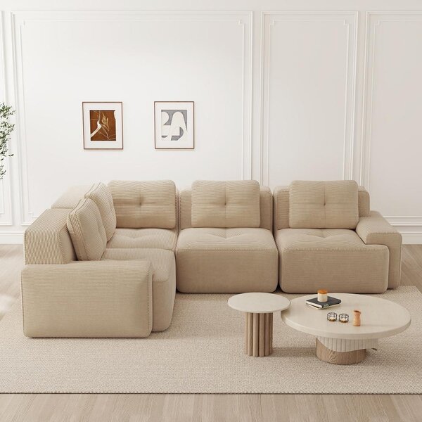 Divano modulare componibile, senza telaio, 4 posti, seduta profonda, divano ad angolo, rivestito in tessuto beige, da assemblare senza montaggio, dotato di piedini antiscivolo, dimensioni: 295x206x69 cm
