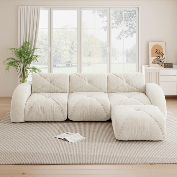 Divano modulare a 3 posti, color beige chiaro, divano angolare a forma di L con poggiapiedi, tessuto in chenille delicato sulla pelle, senza struttura a vista, dimensioni 281x171x76 cm, ideale per il soggiorno