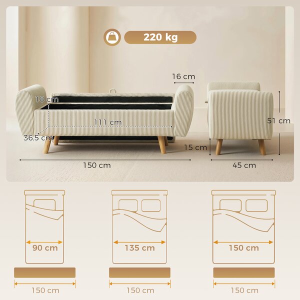 HOMCOM Panca Contenitore 73 L, Cassapanca Imbottita in Velluto a Coste con Braccioli e Gambe in Legno di Hevea, Beige | Aosom Italy