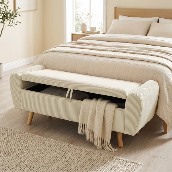 HOMCOM Panca Contenitore 73 L, Cassapanca Imbottita in Velluto a Coste con Braccioli e Gambe in Legno di Hevea, Beige | Aosom Italy