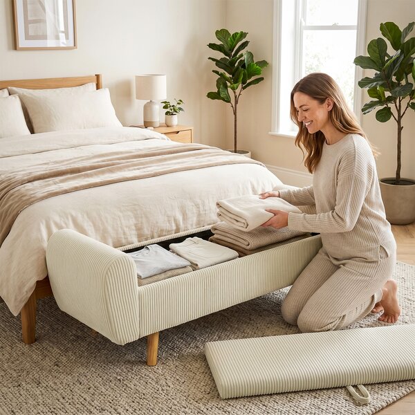 HOMCOM Panca Contenitore 73 L, Cassapanca Imbottita in Velluto a Coste con Braccioli e Gambe in Legno di Hevea, Beige | Aosom Italy