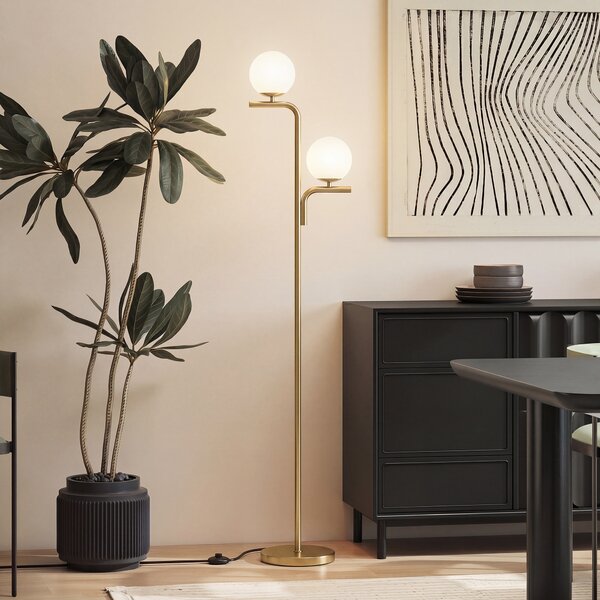 HOMCOM Lampada da Terra LED, Lampada Moderna con 3 Temperature di Colore, Paralumi a Sfera in Vetro e Interruttore a Pedale, Oro | Aosom Italy
