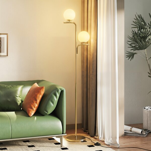 HOMCOM Lampada da Terra LED, Lampada Moderna con 3 Temperature di Colore, Paralumi a Sfera in Vetro e Interruttore a Pedale, Oro | Aosom Italy