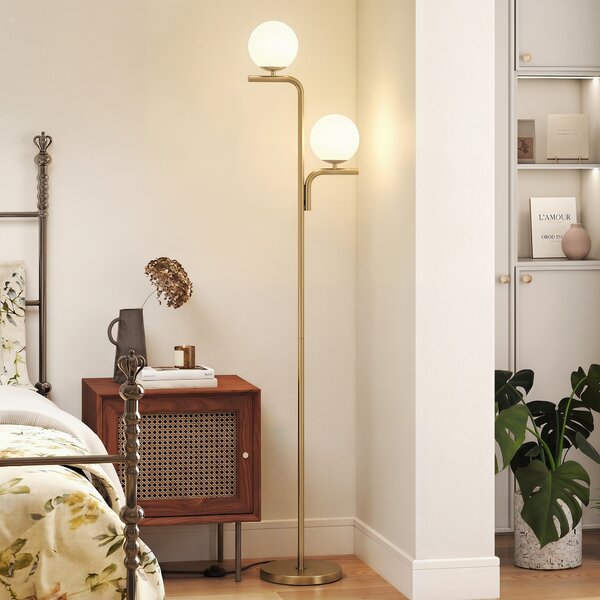 HOMCOM Lampada da Terra LED, Lampada Moderna con 3 Temperature di Colore, Paralumi a Sfera in Vetro e Interruttore a Pedale, Oro | Aosom Italy