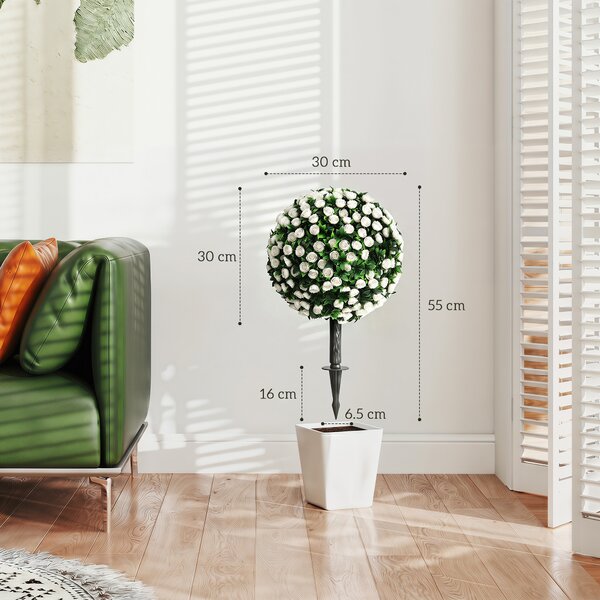 HOMCOM Sfere di Rose Artificiali Resistenti ai Raggi UV per Esterni, Set da 2 Alberi di Rose, 30x30x55 cm, Bianco | Aosom Italy