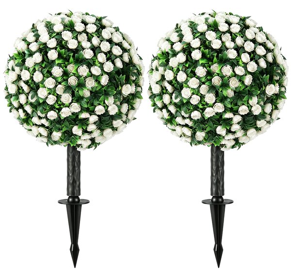 HOMCOM Sfere di Rose Artificiali Resistenti ai Raggi UV per Esterni, Set da 2 Alberi di Rose, 30x30x55 cm, Bianco | Aosom Italy