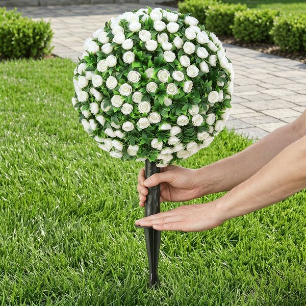 HOMCOM Sfere di Rose Artificiali Resistenti ai Raggi UV per Esterni, Set da 2 Alberi di Rose, 30x30x55 cm, Bianco | Aosom Italy