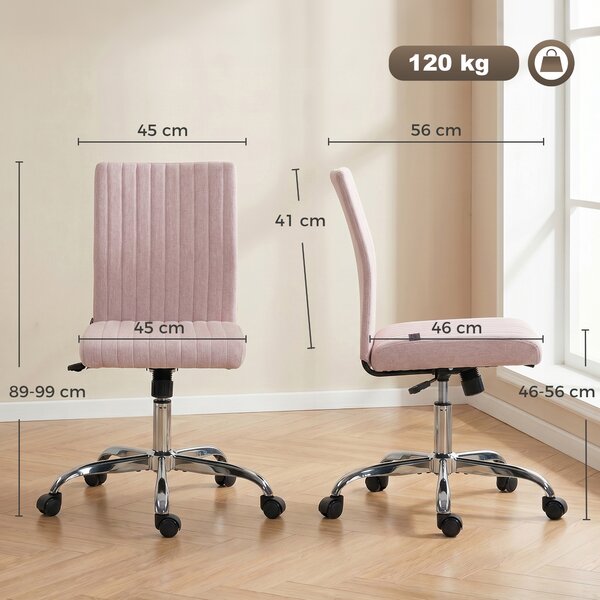 HOMCOM Sedia da Ufficio senza Braccioli, Poltrona da Ufficio, Altezza Regolabile e Girevole 360°, 43x56x89-99 cm, Rosa | Aosom Italy