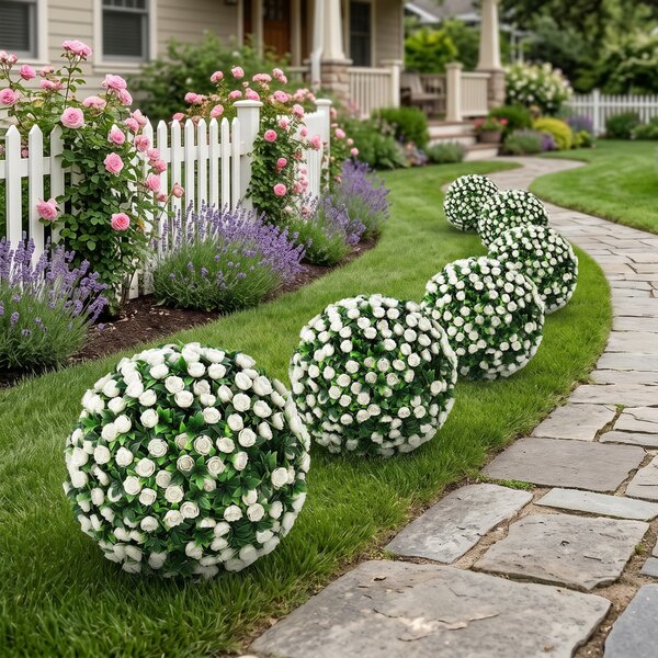 HOMCOM Sfere di Rose Artificiali Resistenti ai Raggi UV per Esterni, Set da 2 Alberi di Rose, 30x30x55 cm, Bianco | Aosom Italy