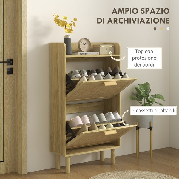 HOMCOM Mobile Portascarpe Stretto per Ingresso, con 2 Cassetti Ribaltabili, Ripiani Regolabili e Piano Superiore, Rovere | Aosom Italy