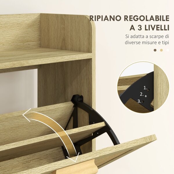HOMCOM Mobile Portascarpe Stretto per Ingresso, con 2 Cassetti Ribaltabili, Ripiani Regolabili e Piano Superiore, Rovere | Aosom Italy