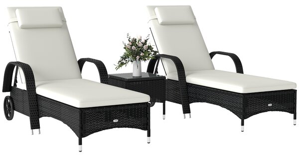 Outsunny Set 2 Lettino Sdraio da giardino Prendisole in Rattan con Materassino Imbottito e Tavolino, Nero|Aosom.it