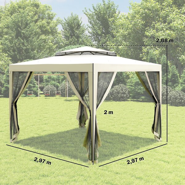 Outsunny Gazebo da Giardino 3x3 m con Zanzariera, Doppio Tetto e 8 Fori, in Acciaio e Poliestere Bianco Crema