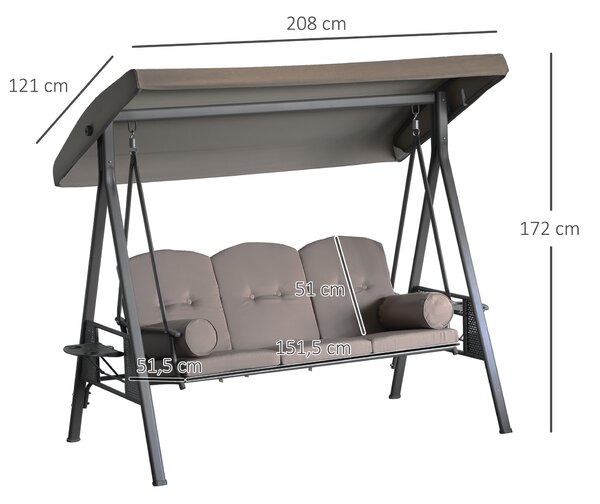 Outsunny Dondolo da Giardino 3 Posti con Tetto Regolabile, Portabicchieri e Cuscini, 208x121x172 cm, Marrone | Aosom Italy