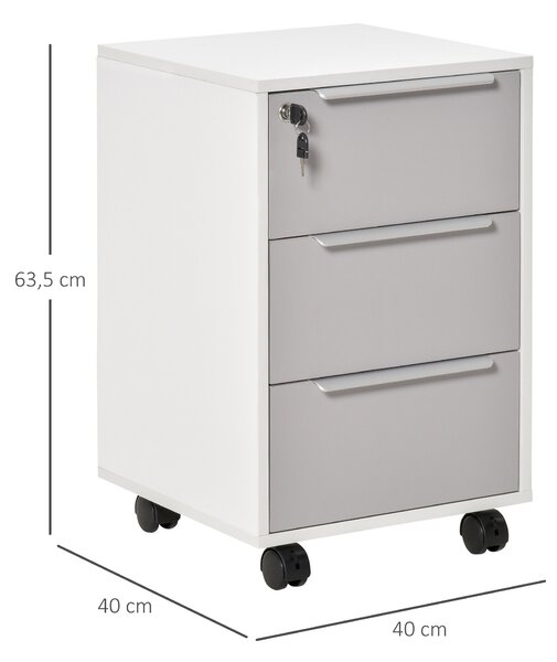 HOMCOM Schedario per Ufficio a 3 Cassetti con Chiavi di Sicurezza e 4 Ruote, in Legno, 40x40x63.5 cm, Bianco e Grigio | Aosom Italy