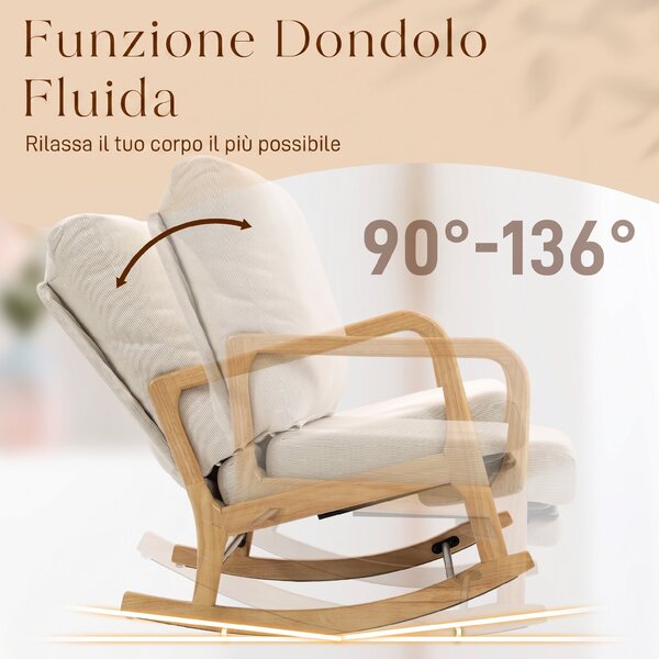 HOMCOM Sedia a Dondolo in Velluto a Coste con Poggiapiedi, Schienale Reclinabile, in Stile Scandinavo, Crema | Aosom Italy