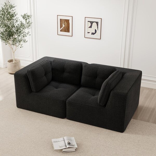 Divano angolare modulare, modello Cord, con due posti, colore nero, senza struttura, imbottito con schiuma 32D e profondità di seduta di 74 cm, ideale per il soggiorno, dimensioni 208x104x69 cm