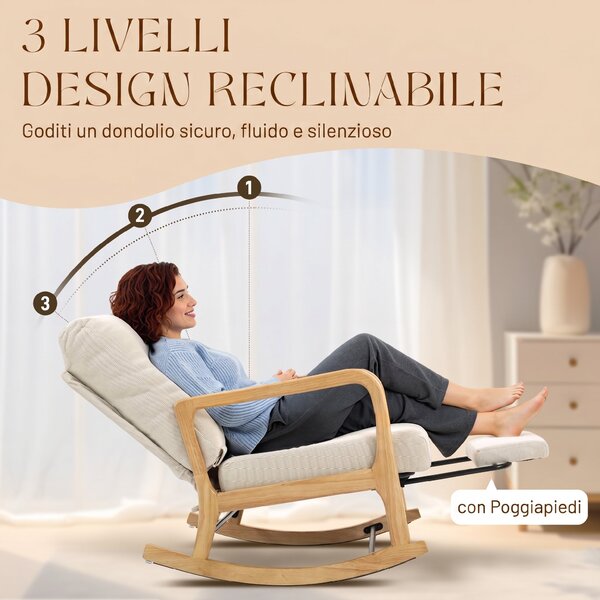 HOMCOM Sedia a Dondolo in Velluto a Coste con Poggiapiedi, Schienale Reclinabile, in Stile Scandinavo, Crema | Aosom Italy