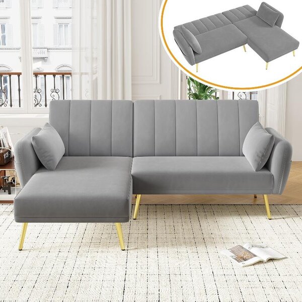 Divano angolare con funzione letto, divano letto a forma di L, rivestito in velluto grigio, divano a 3 posti con schienale regolabile e tasche laterali, dimensioni 191,5x130,5 cm