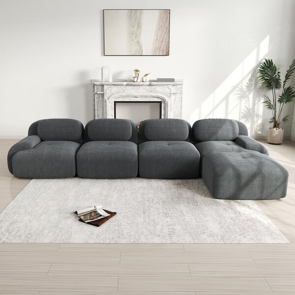 Divano angolare grigio a 4 posti, divano angolare con chaise longue, divano senza struttura in tessuto corduroy, dimensioni 388x178x70 cm, imbottitura ad alta elasticità, non richiede montaggio