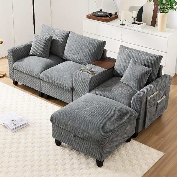 Divano angolare Cord grigio, divano a forma di L, 4 posti, divano modulare con poggiapiedi contenitore, consolle centrale, porta USB e portabicchieri, dimensioni 229x149,5 cm
