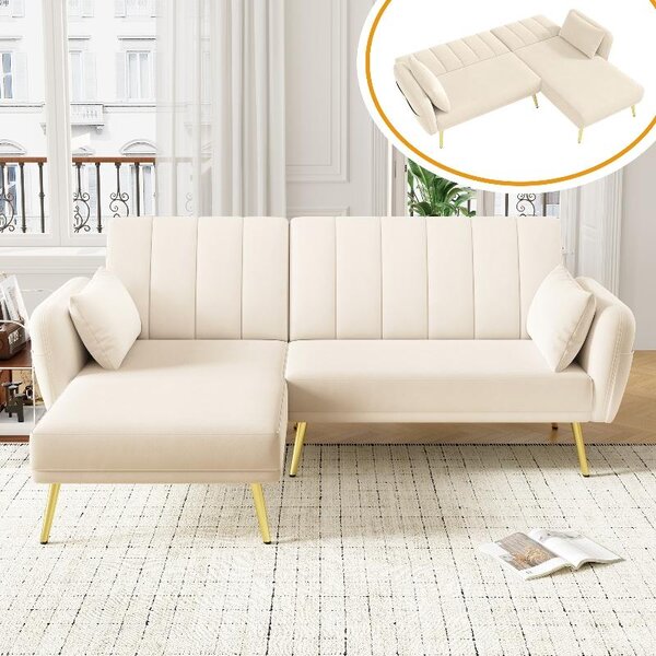 Divano angolare con funzione letto, divano a forma di L color beige, divano in velluto a 3 posti con schienale regolabile e tasche laterali, dimensioni 191,5x130,5 cm